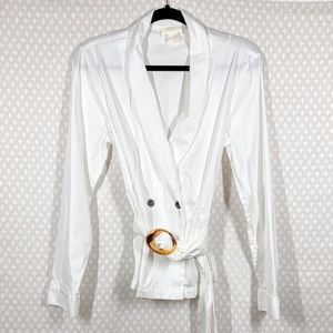 Anthropologie Maeve White Button Up Belted Pleated Top